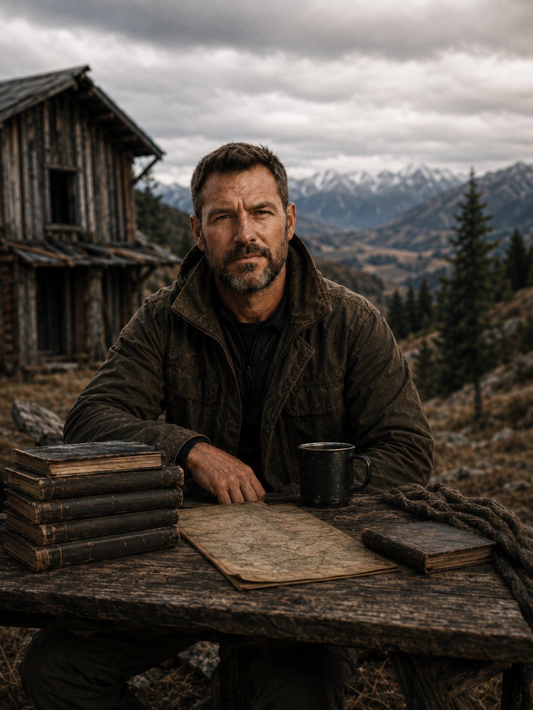 Colton Reeves seated at a wooden table in the mountains, with a stack of weathered field books, a map, and a coin mug, a timber cabin visible behind him.